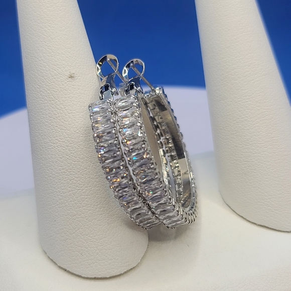 NEW Silver Baguette Diamond Hoop Earrings - Picture 3 of 8